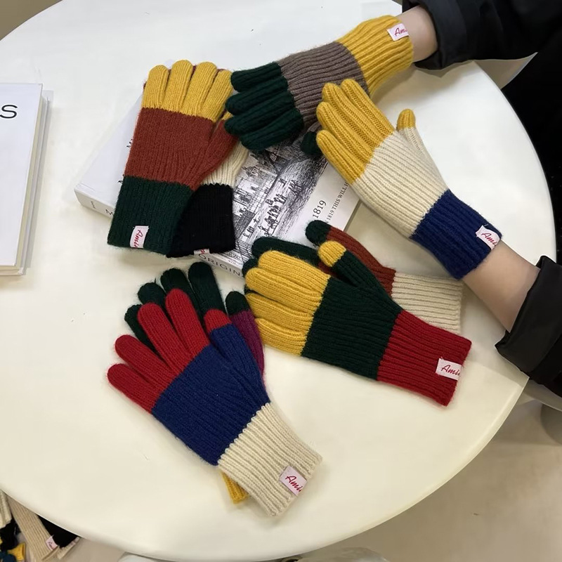 Korean Style New Ins Style Autumn and Winter Contrast Color Knitted Knitting Wool Gloves Windproof Thickening Students Warm-Keeping Finger Gloves