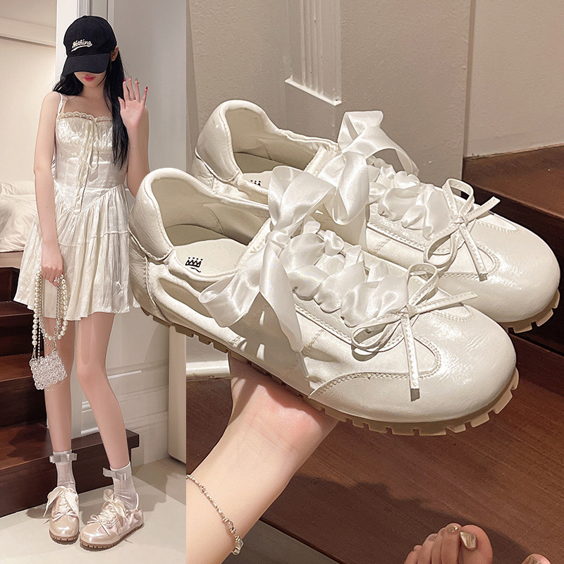 蝴蝶结软底平底粉色芭蕾舞鞋休闲好搭德训鞋小白鞋女2024夏季新款