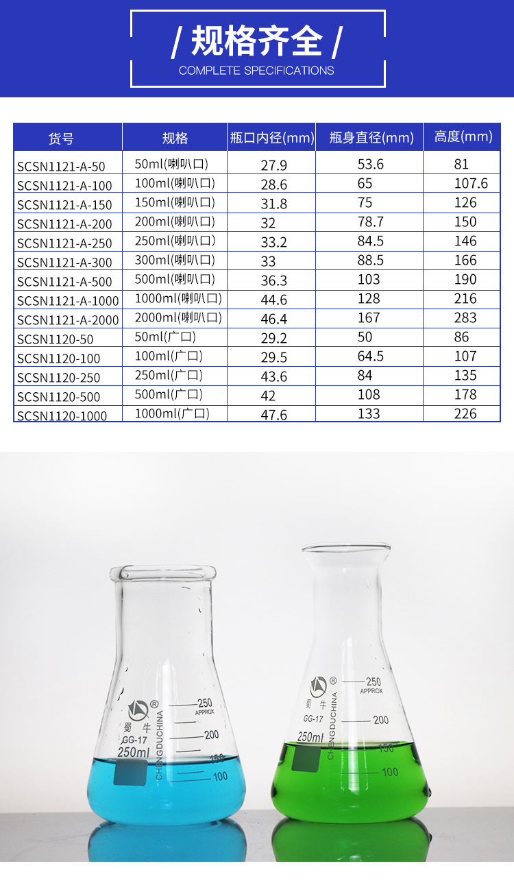 蜀牛三角烧瓶喇叭口玻璃锥形瓶广口三角摇瓶250/500/1000ml多规格