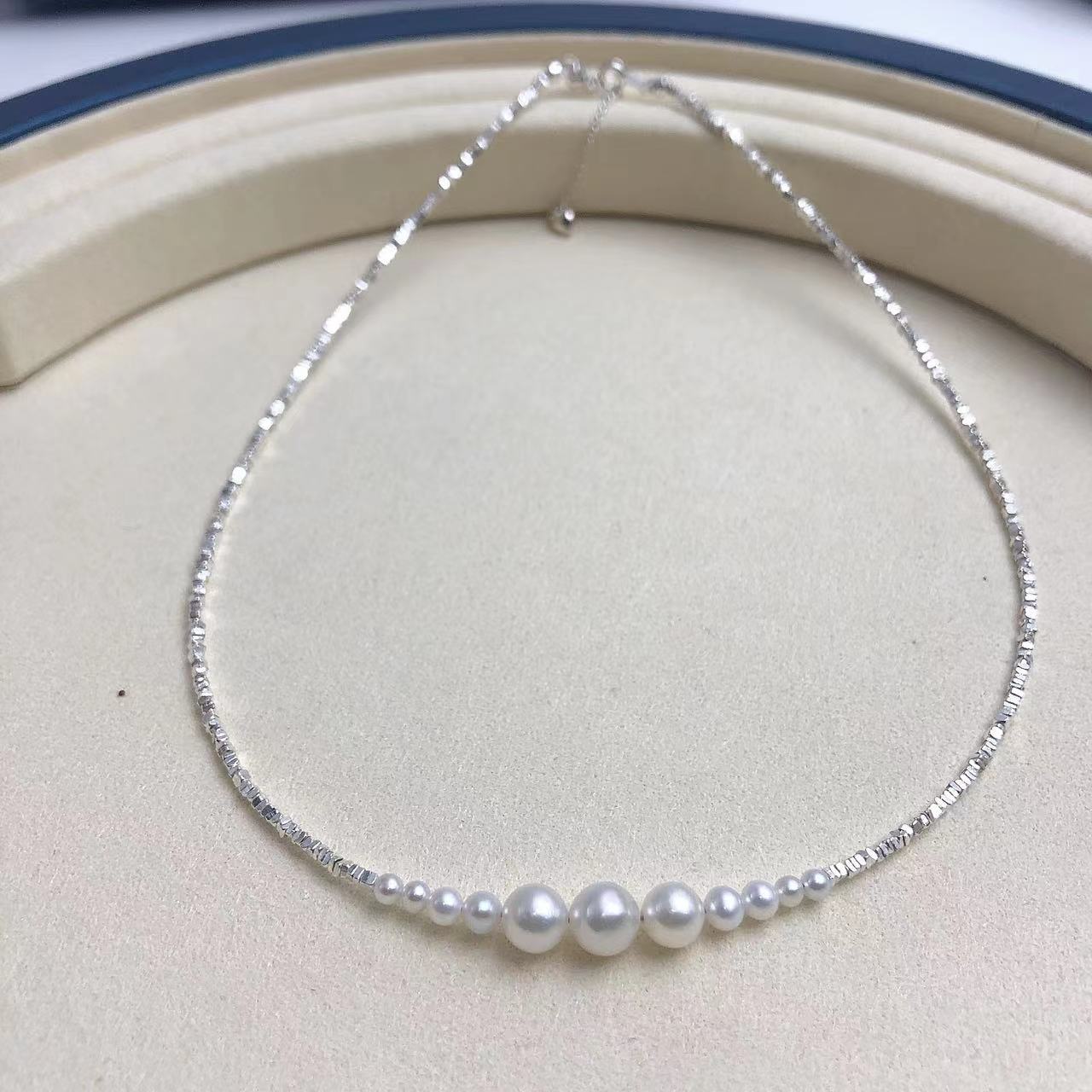 s925纯银碎银子珍珠项链女式天然淡水小米珍珠渐变锁骨链银星闪闪