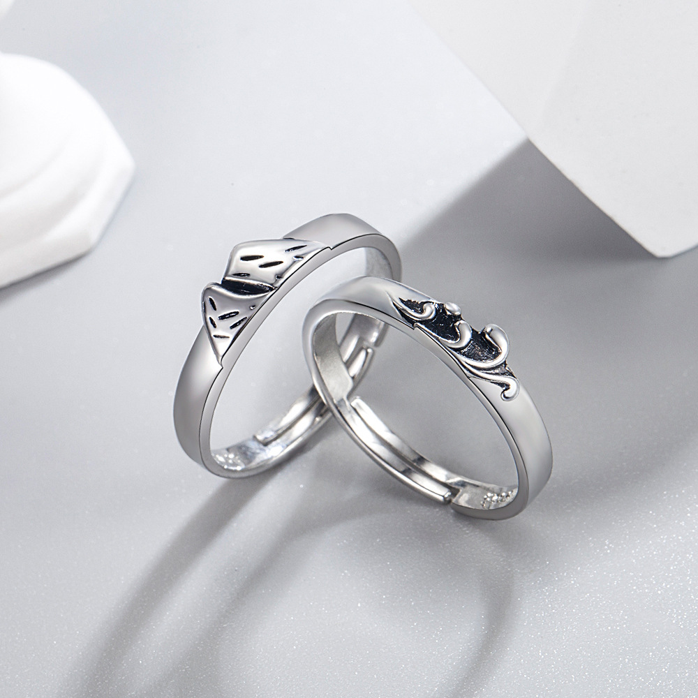 优雅浪漫山海之恋男女情侣开口对戒 山盟海誓网红ins小众情侣戒指