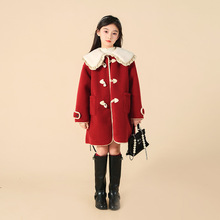 女童加绒外套2023秋冬季新款韩版红色呢大衣毛毛中大童童装外套女
