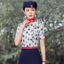 东航空姐制服女夏短袖职业衬衫青花瓷气质衬衣空乘酒店前台工作服