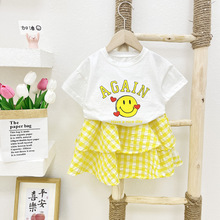 中小童装夏装儿童女宝宝两件套洋气女童套装婴儿短袖T恤格子短裙