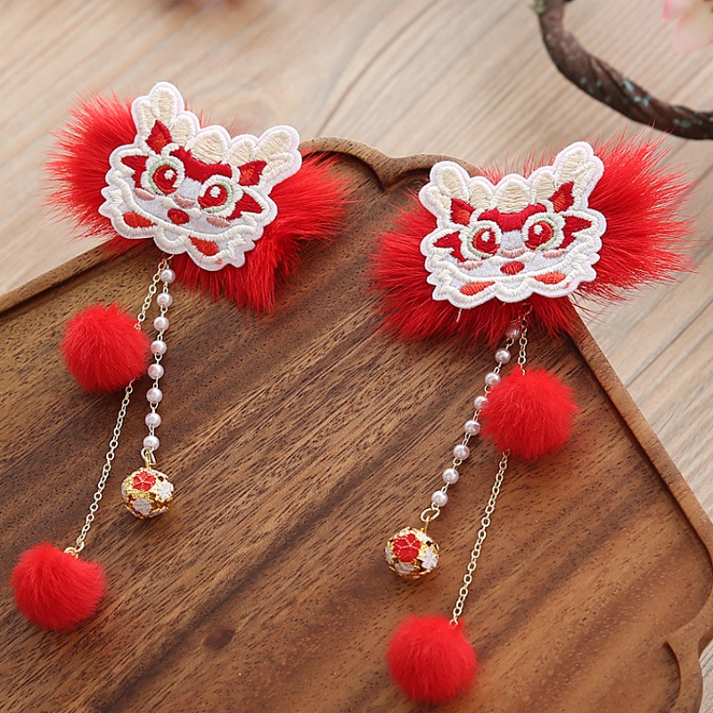 儿童红色过年醒狮发夹流苏2023秋冬新款女童拜年古风对夹侧边发卡