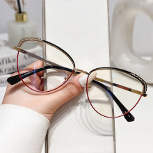 跨境猫眼大框金属防蓝光平光镜2024新款欧美时尚女款素颜眼镜架