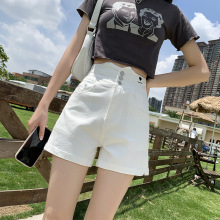 2022夏季欣高腰排扣弹力牛仔短裤女卷边热裤Jeans Shorts