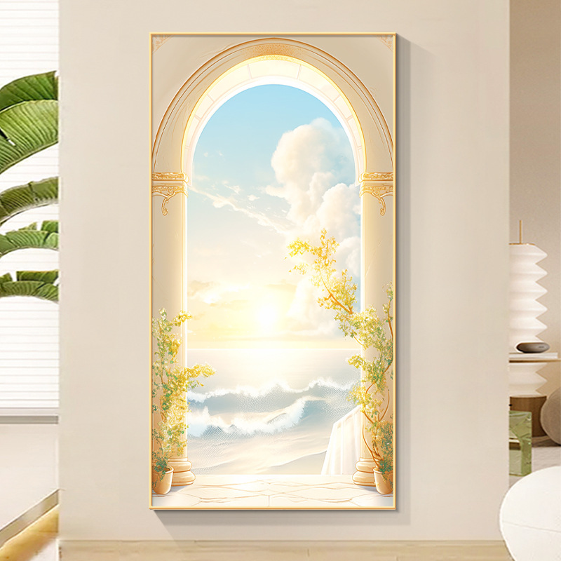 奶油风空间延伸客厅入户玄关装饰画走廊过道挂画北欧风景竖版壁画