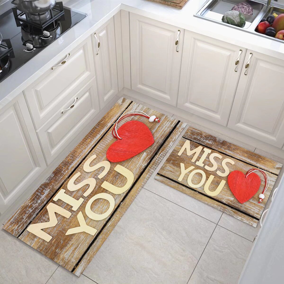 Cross-Border Valentine's Day Crystal Velvet Kitchen Two-Piece Set Carpet Printed Mat Bedside Cushions Doorway Floor Mat