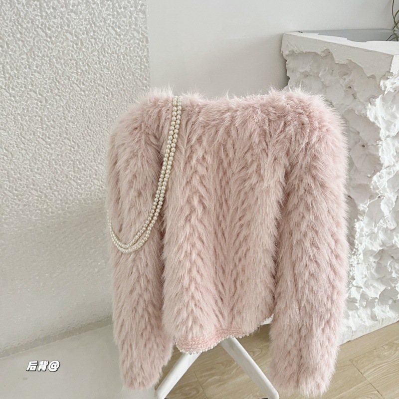 Nuomhome Autumn and Winter Pink Chanel Coat Stitching Furry Thickened Warm Furry Environmental Protection Leather Short Top