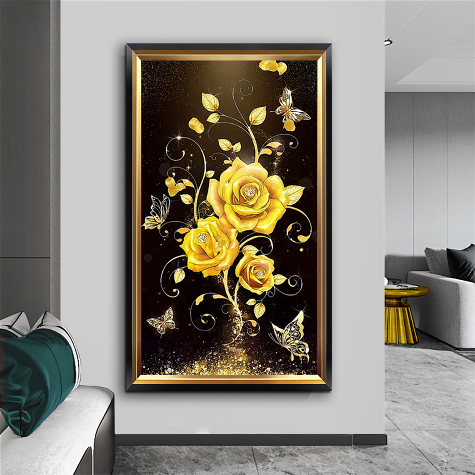 钻石画5d满钻diy手工点钻十字绣卧室金色花卉玫瑰钻石画