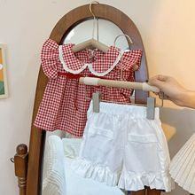 韩版女童衬衫两件套2024夏季女宝宝格子甜美小飞袖衬衫短裤童套装