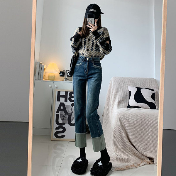 Curved-Edge High Waist Straight Jeans for Women 2024 Spring New Korean Style Stretch Slimming Cropped Trousers