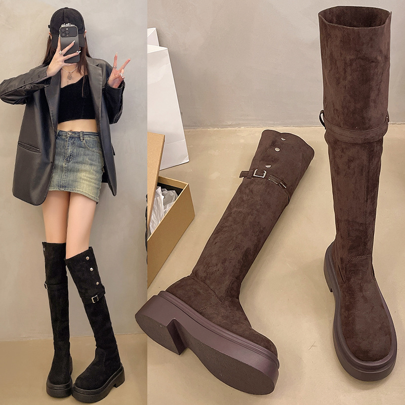 长筒过膝靴子欧洲站2024秋冬季新款纯色绒面圆头瘦瘦搭扣时装靴女