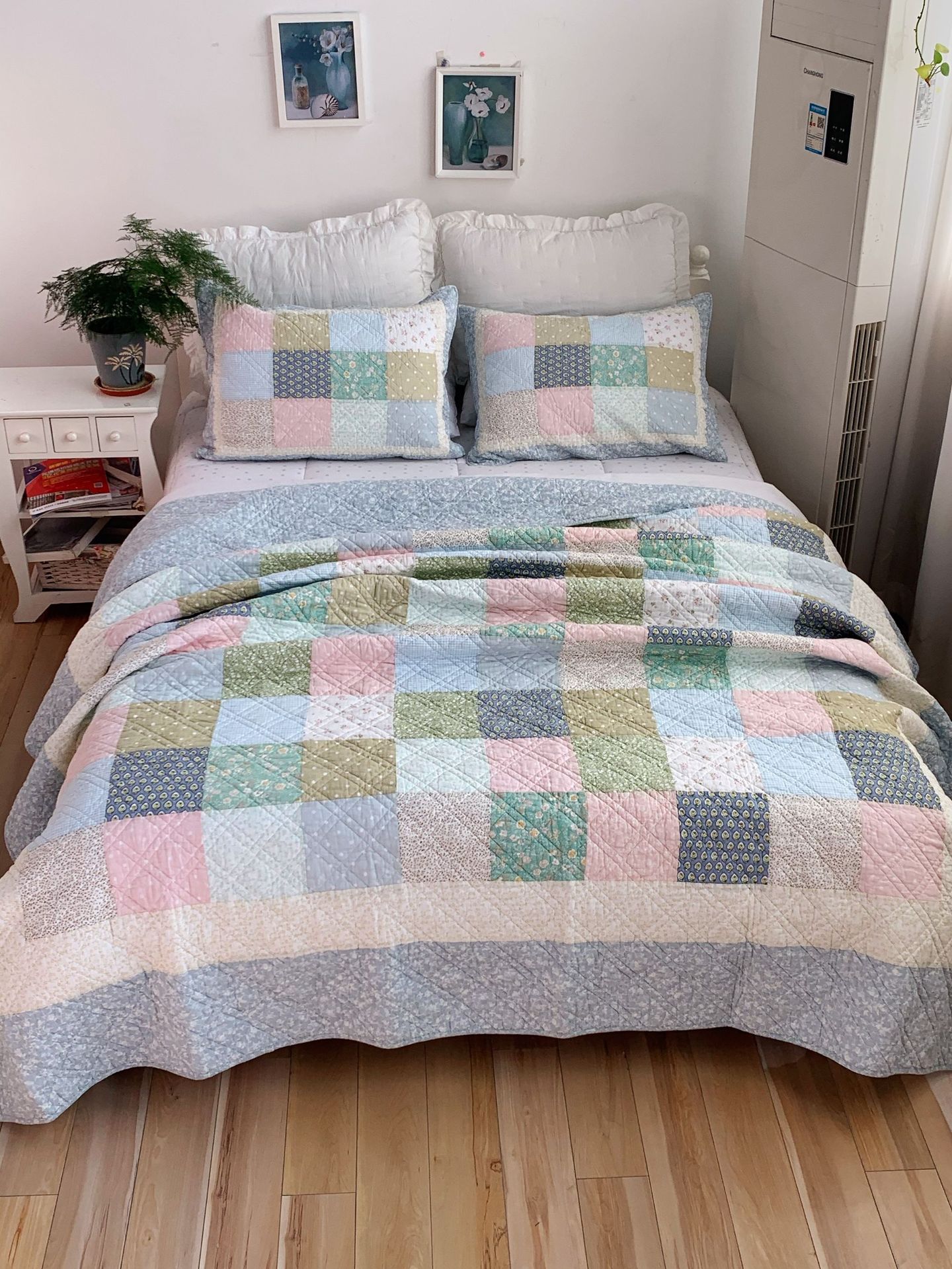 外贸余单 韩式田园真拼布绗缝被床单床盖夏被空调被枕套三件套