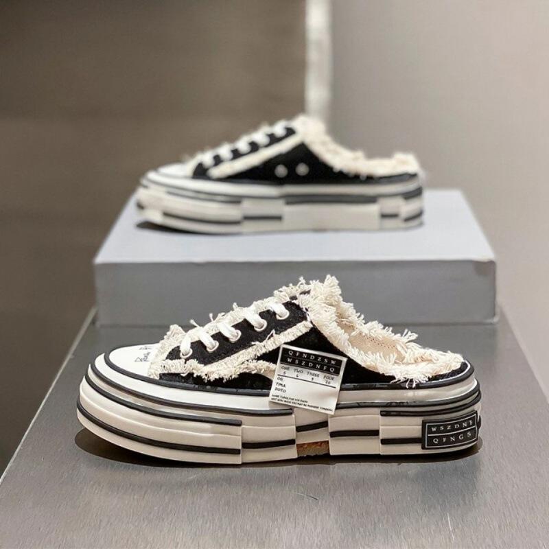 乞丐帆布鞋2022年夏季包头半拖鞋女外穿网红一脚蹬厚底懒人ins潮