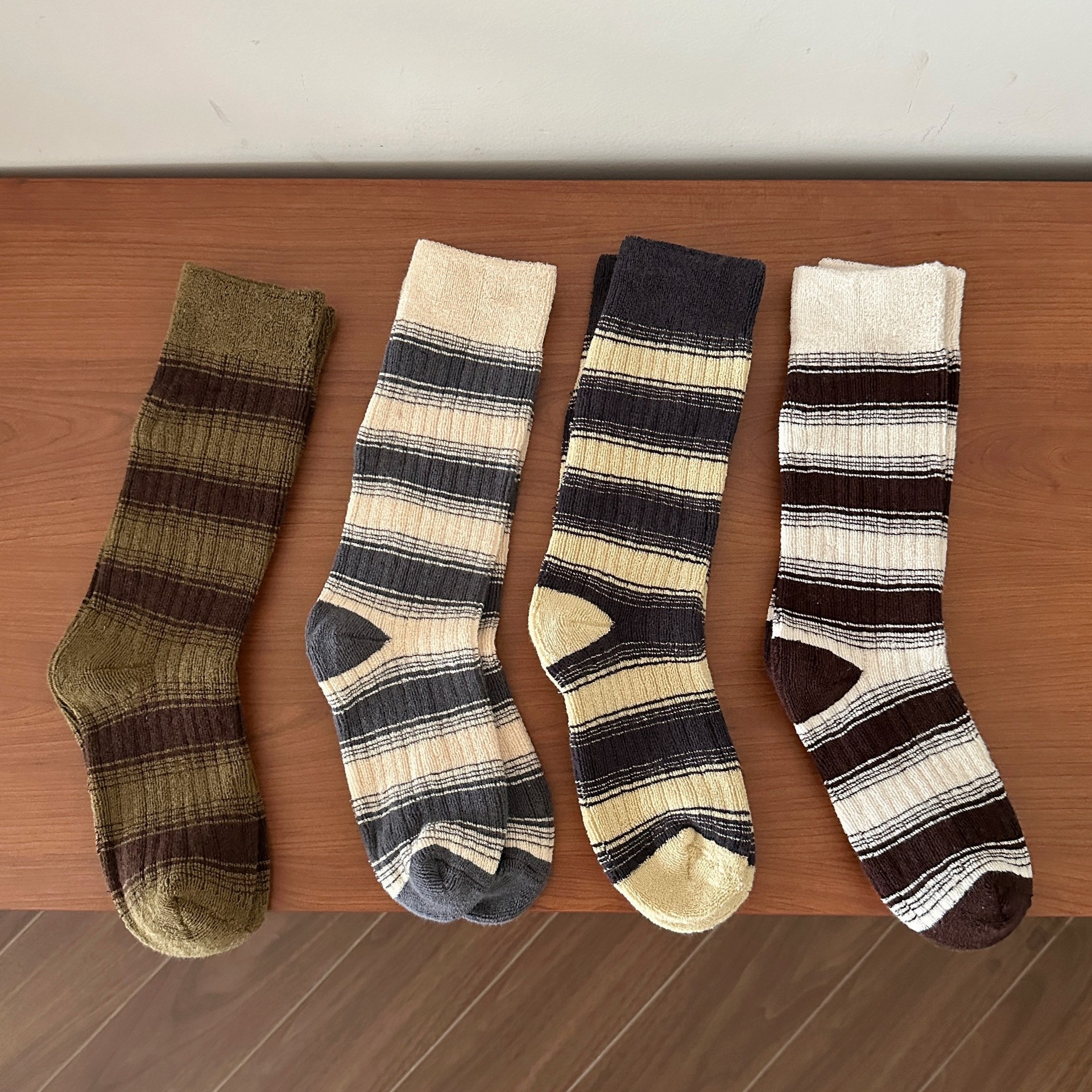 毛圈条纹袜子女中筒袜秋冬日系复古撞色保暖加厚堆堆袜小众情侣款