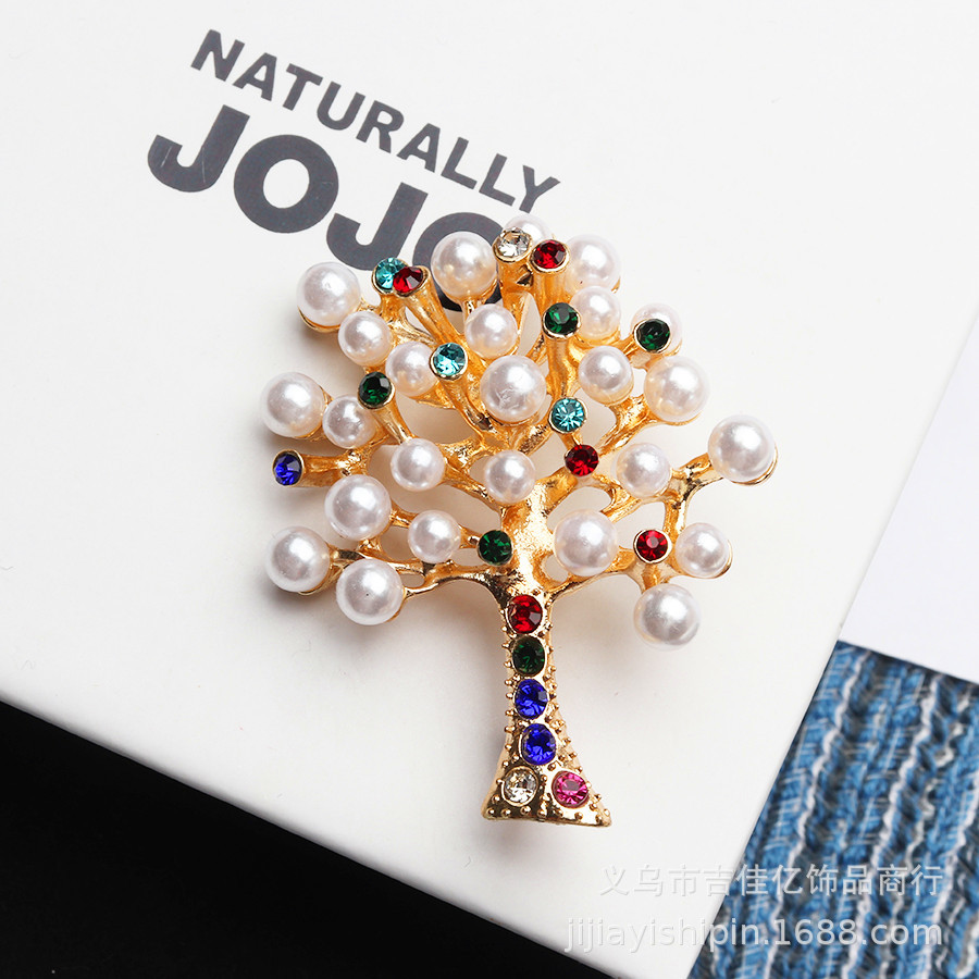 精美胸针新款彩色水钻珍珠小树金色别针防走光西服胸花衣领针韩版