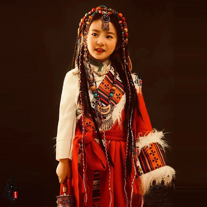 藏族服装儿童女童藏装红色藏袍民族风儿童演出服秋冬旅