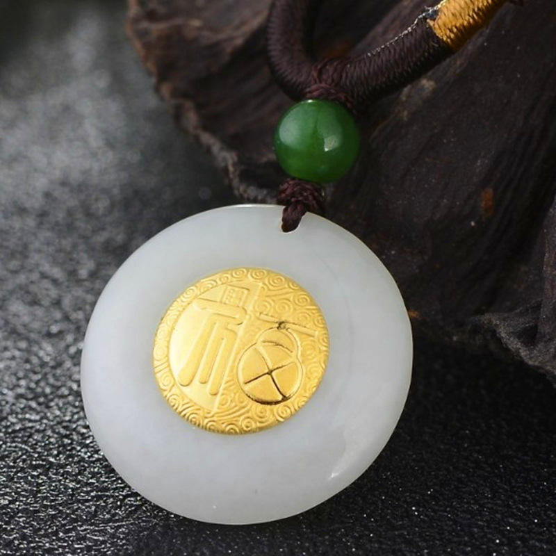 和田玉镶金 金镶玉足金新款赐福平安扣吊坠 厂家批发会销活动礼品
