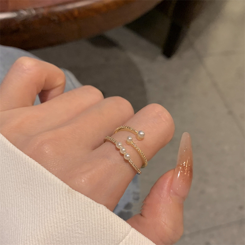 Pearl Ring Female Fashion Personality Ins Special-Interest Design Light Luxury and Simplicity Exquisite Two-Piece Ring Open Temperament
