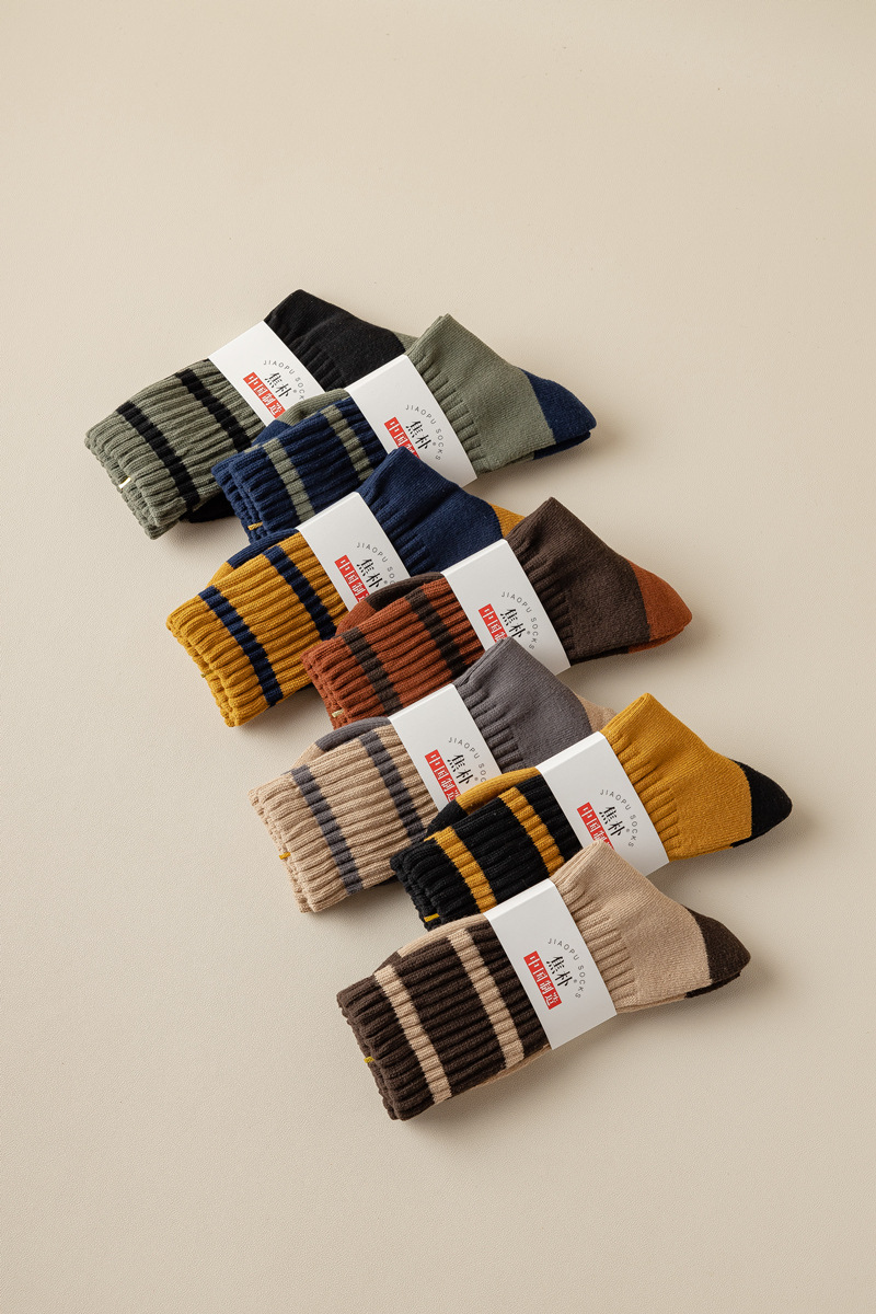 新品袜子男中筒袜新疆棉日系条纹加绒加厚男士运动袜吸汗防臭长袜