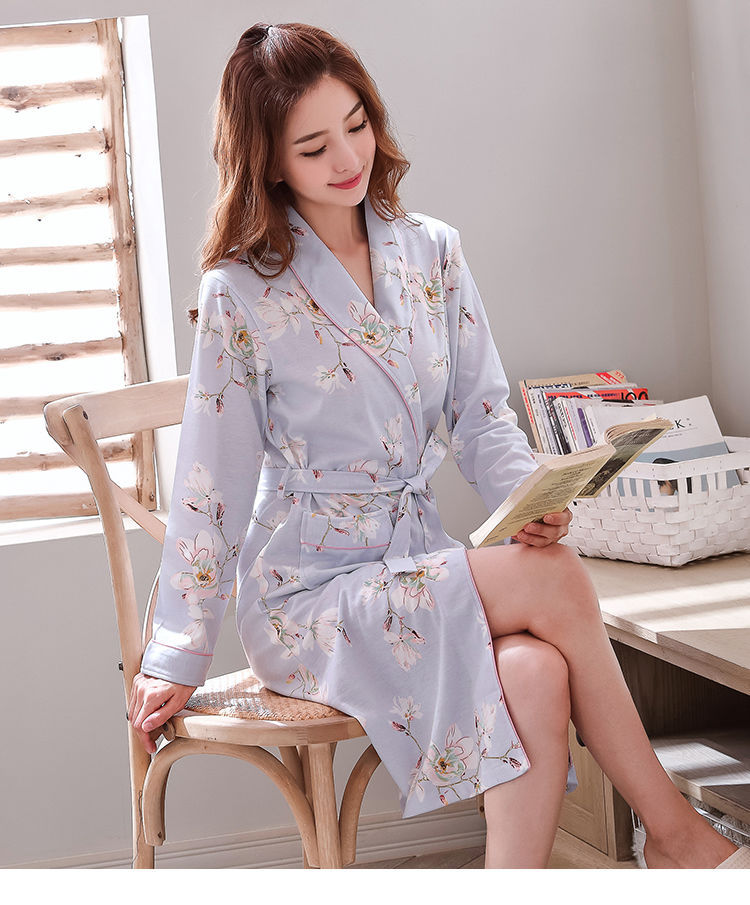 睡袍女春秋睡衣女士夏季棉性感韩版甜美可爱浴袍全棉长袖家居服