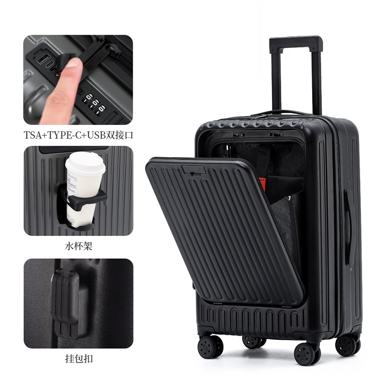 New Upgrade in Stock Front Fastening Luggage Large Capacity Rear Water Cup Holder Luggage 20-Inch Aluminum Alloy Trolley