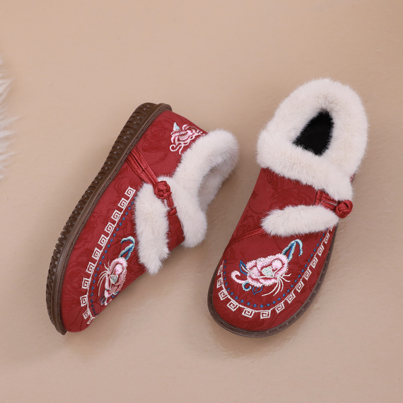 冬季中老年民族风短靴女加绒保暖软底防滑妈妈鞋子时尚百搭毛毛鞋
