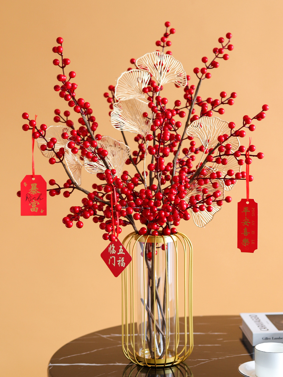 发财果红色红果冬青果假花仿真花摆设客厅新年装饰花婚庆插花道具