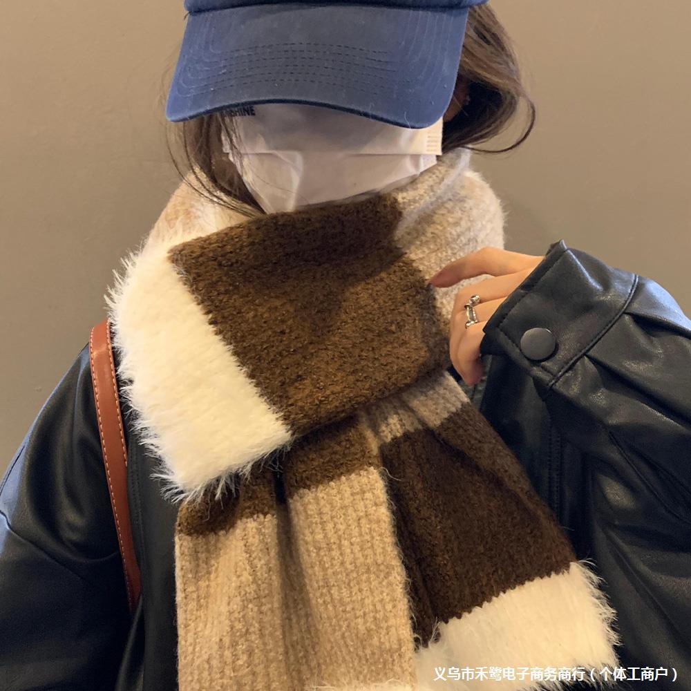 韩系拼色针织围巾女秋冬季保暖护颈羊毛毛边学生防寒围脖-阿里巴巴