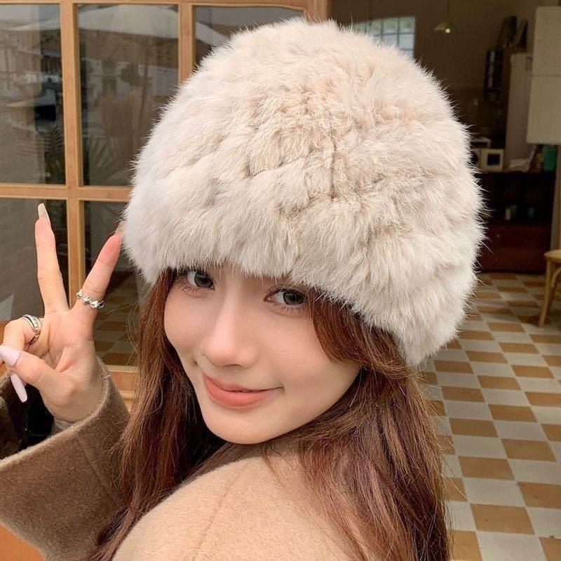 帽子女加厚兔毛毛线帽防寒款秋冬小保暖皮草渔夫帽显