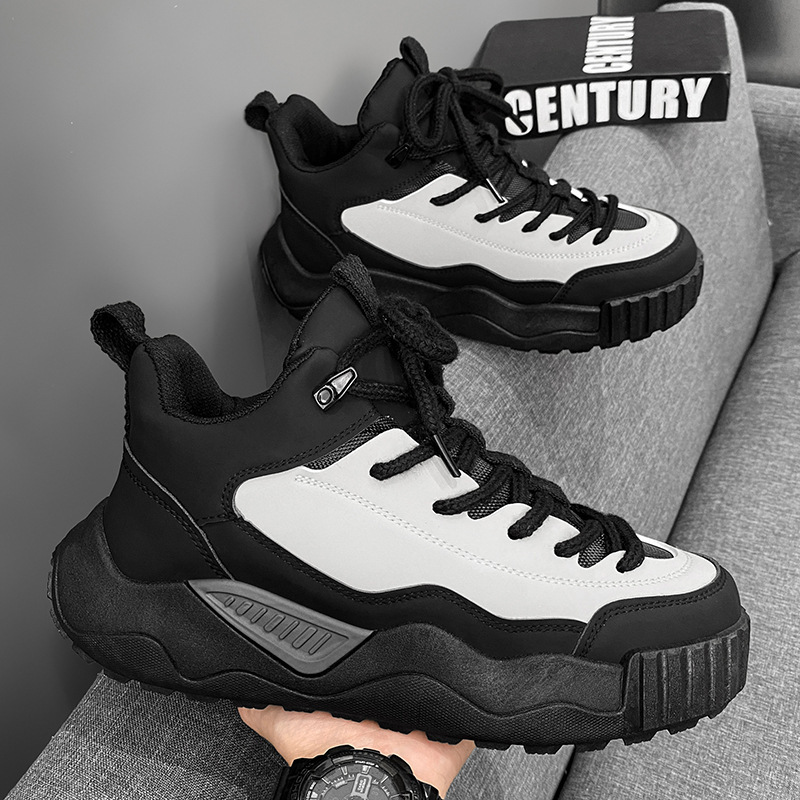 冬季户外复古厚底高帮老爹鞋男士运动休闲工装马丁靴加绒登山棉鞋