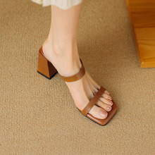 夏季韩版方头粗跟头层羊皮拖鞋新款简约气质一脚蹬高跟一字拖女