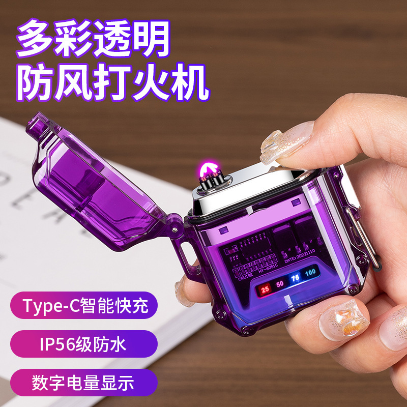 hot sale transparent waterproof double arc pulse lighter type-c socket charging outdoor men cigarette lighter