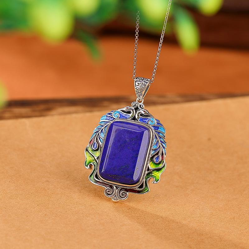 壹鹿银s925纯银青金石国潮景泰蓝孔雀方形吊坠复古做旧民族风挂坠