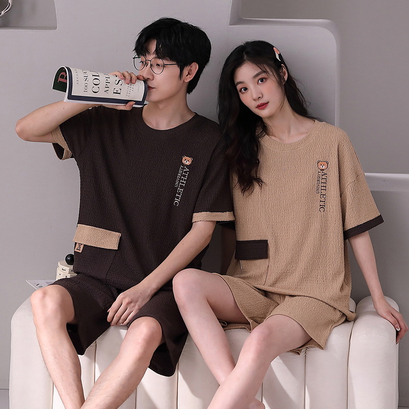 Couple Pajamas Short-Sleeved Shorts Cotton Pull Frame Solid Color Men and Women Summer Loungewear Suit Casual Suitable for Daily Wear Half Sleeve