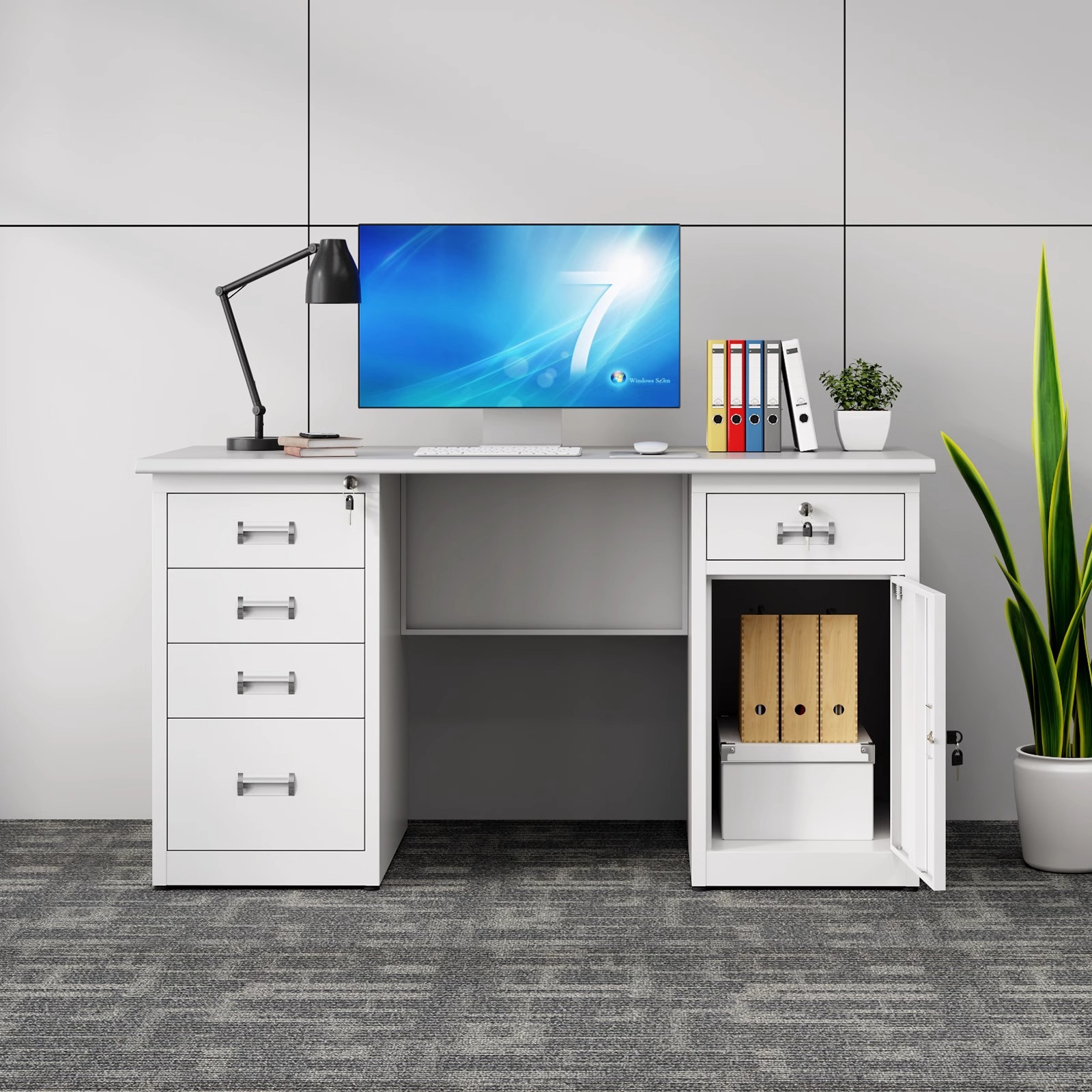 钢制办公桌单人位员工铁皮电脑桌办公室带锁抽屉工作台账务收银桌