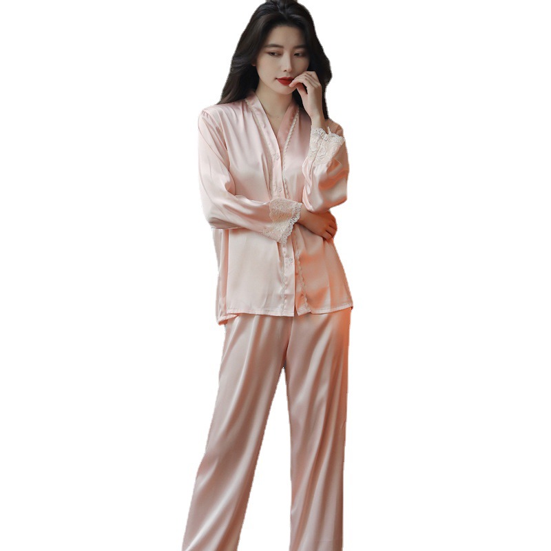 Women's Pajamas Ins Spring and Summer Thin Ice Silk Long Sleeve Cardigan Suit Sexy Lace Sexy Home Wear Can Be Worn outside