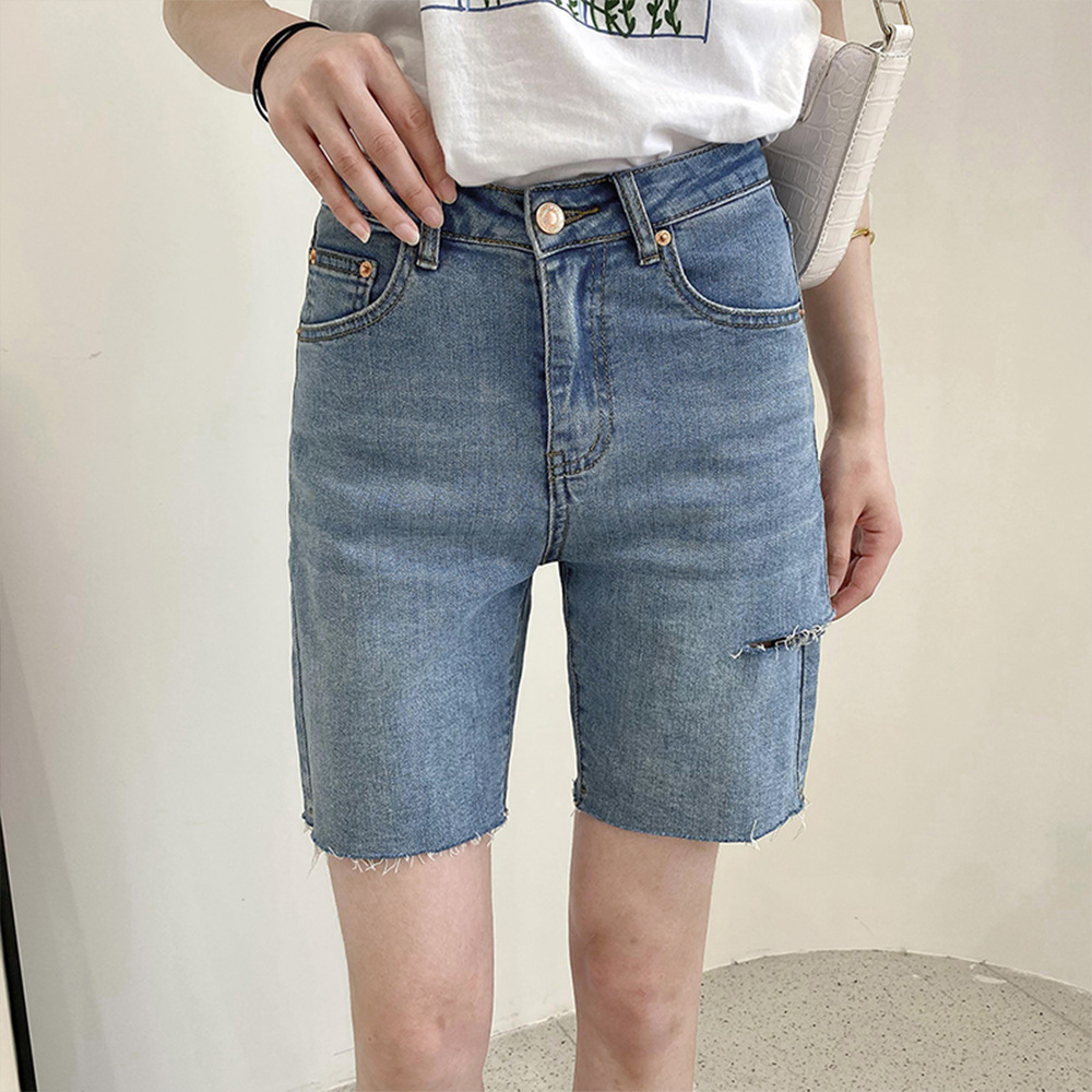 高腰直筒中裤女夏破洞毛边牛仔短裤