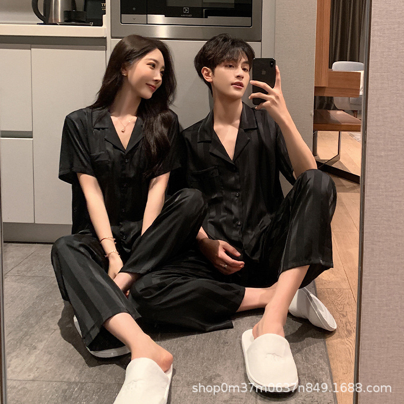 2024 new couple pajamas women‘s spring/summer ice silk short sleeve striped black men‘s silk home wear two-piece set