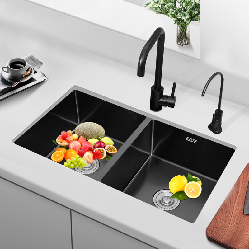 Black Nano Kitchen Vegetable Basin Drop-in Sink 304 Stainless Steel Hand Sink Vegetable Washing Sink Large Double Slot Embedded