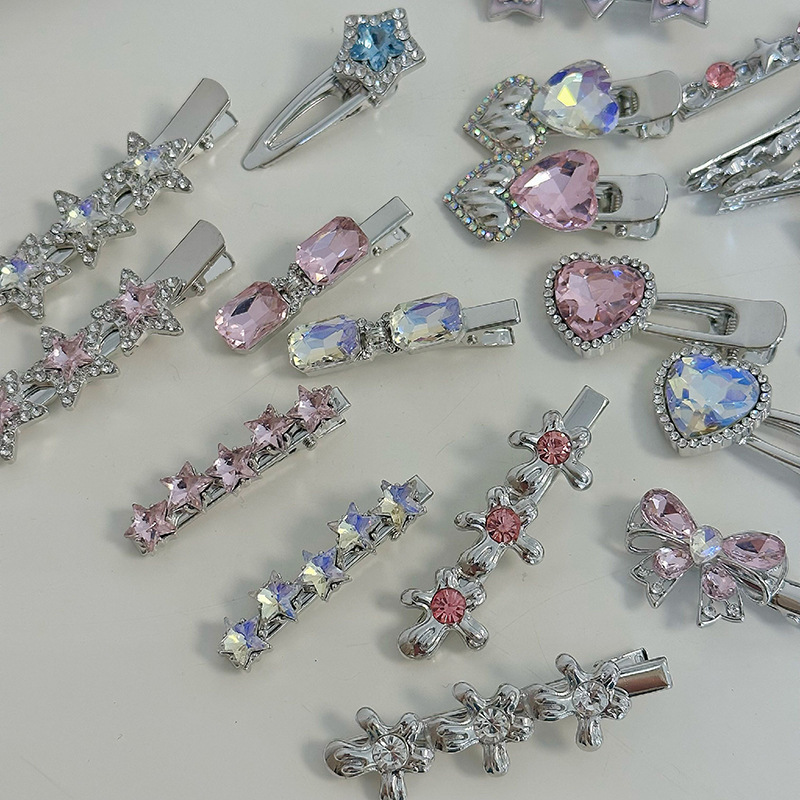 Pink Rhinestone Barrettes Set Combination Hairpin Alloy Elegant Silver Bar Clip Side Clip Bang Clip Duckbill Clip