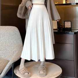 白色针织半身裙女秋冬季小个子高腰字百褶裙垂感软糯中长款裙子