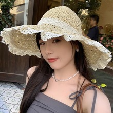 夏日甜妹~蕾丝蝴蝶结草帽女韩版百搭度假出游防晒帽子沙滩草编帽