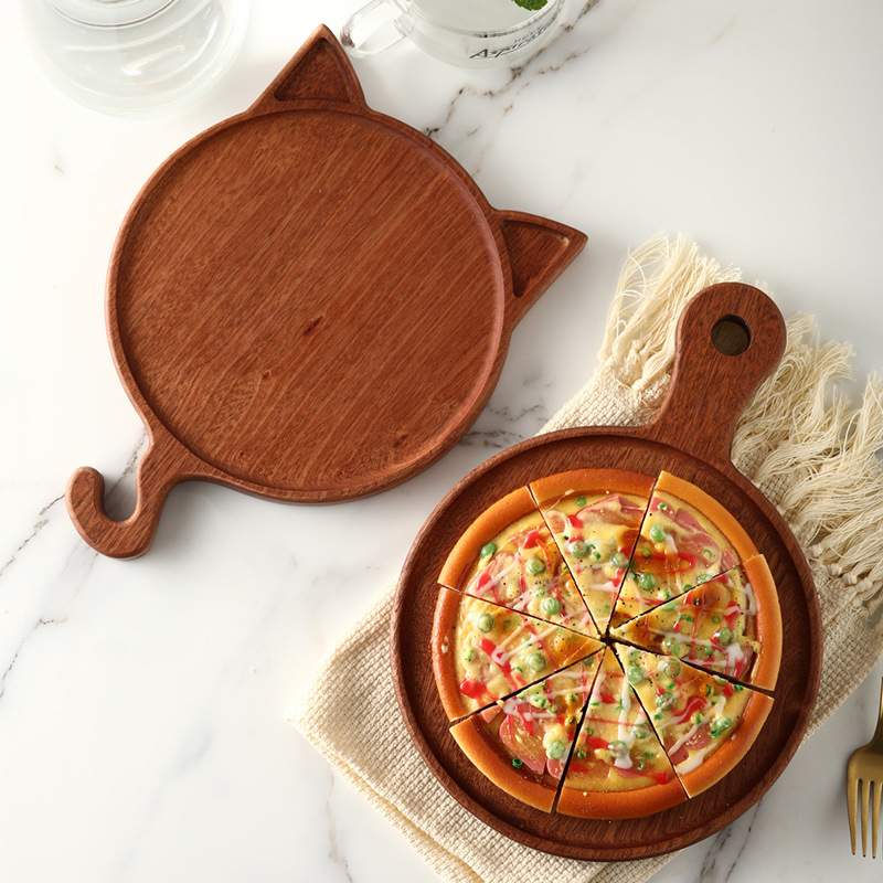 实木圆形披萨盘乌檀木披萨板带手柄水果面包板蛋糕托盘烘焙餐具