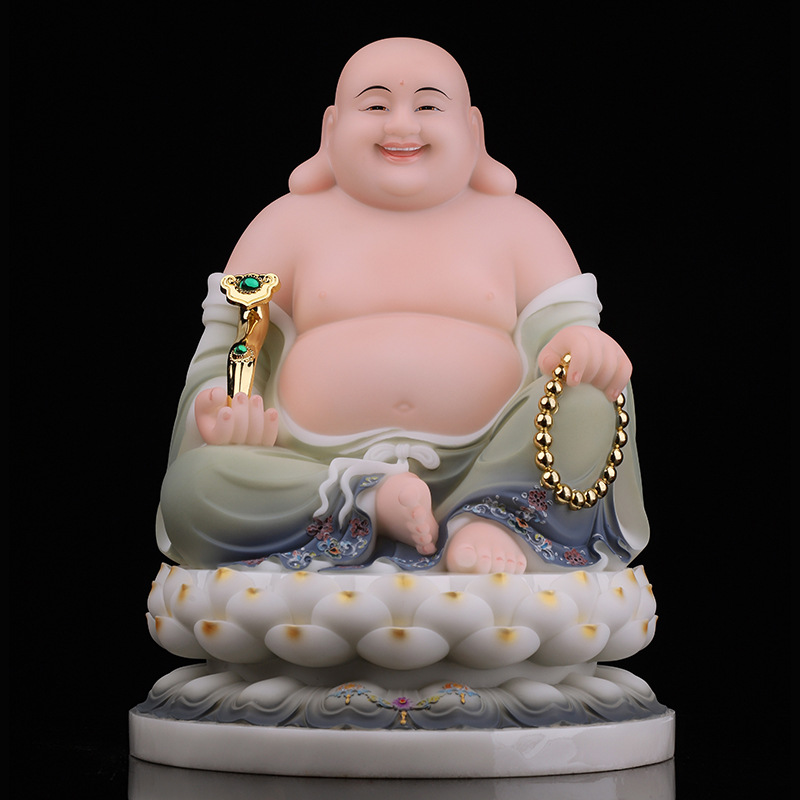 汉白玉蓝衣唐彩笑佛大肚笑佛佛像家用供奉摆件乐佛笑佛