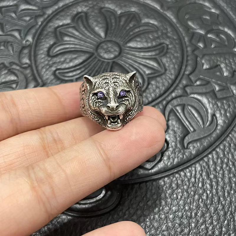古家925银紫水晶虎头戒指复古潮流气质个性高版本霸气双g男士指环