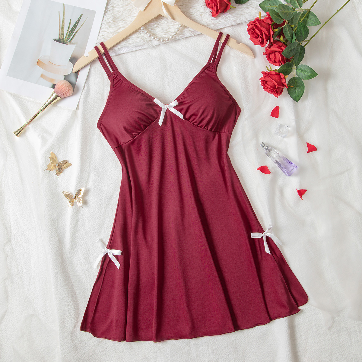 欧美新款亚马逊性感吊带酒红高级色调舒适居家睡裙调情纯欲诱惑