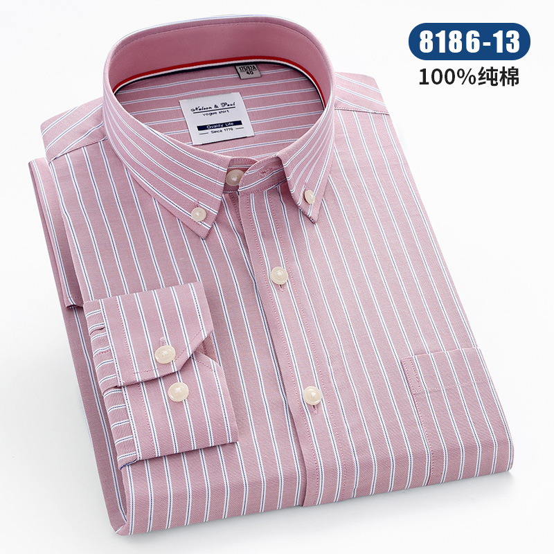 Cotton Oxford Woven Stripe Men's Long-Sleeved Shirt Casual Collar Buckle Shirt Suitable for Spring and Autumn Korean Style Factory in Stock Wholesale